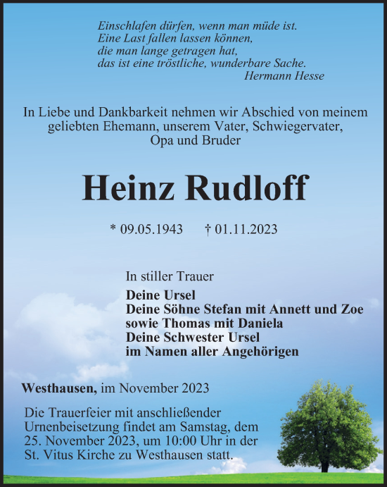 Traueranzeige von Heinz Rudloff von Thüringer Allgemeine, Thüringische Landeszeitung