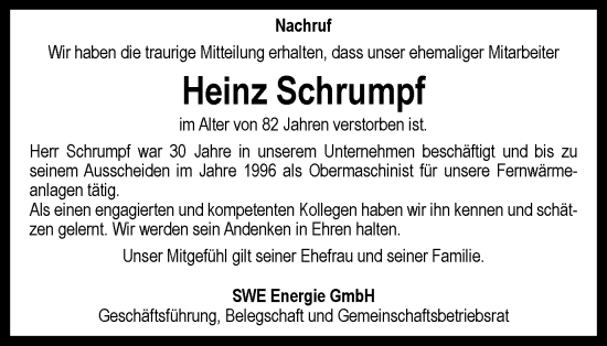 Traueranzeige von Heinz Schrumpf von Thüringer Allgemeine, Thüringische Landeszeitung