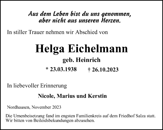 Traueranzeige von Helga Eichelmann von Thüringer Allgemeine