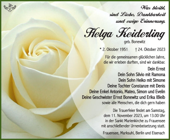 Traueranzeige von Helga Keiderling von Thüringer Allgemeine, Thüringische Landeszeitung