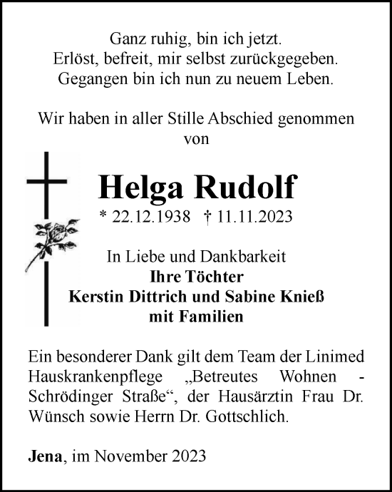 Traueranzeige von Helga Rudolf von Ostthüringer Zeitung, Thüringische Landeszeitung
