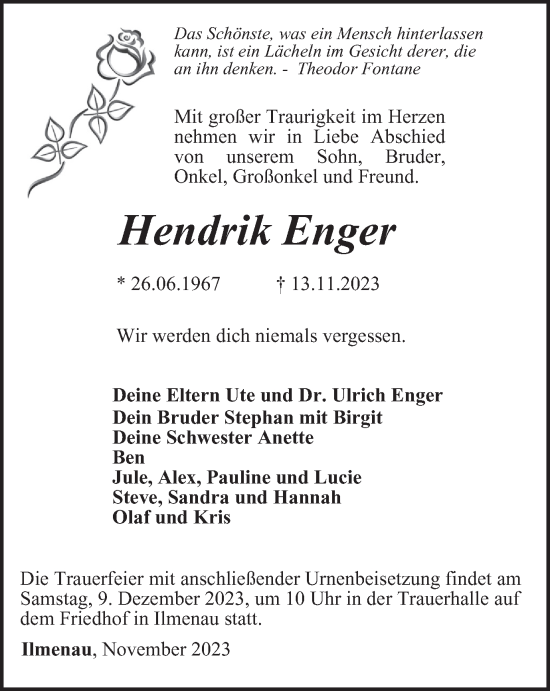 Traueranzeige von Hendrik Enger von Thüringer Allgemeine