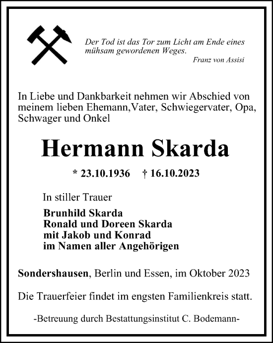 Traueranzeige von Hermann Skarda