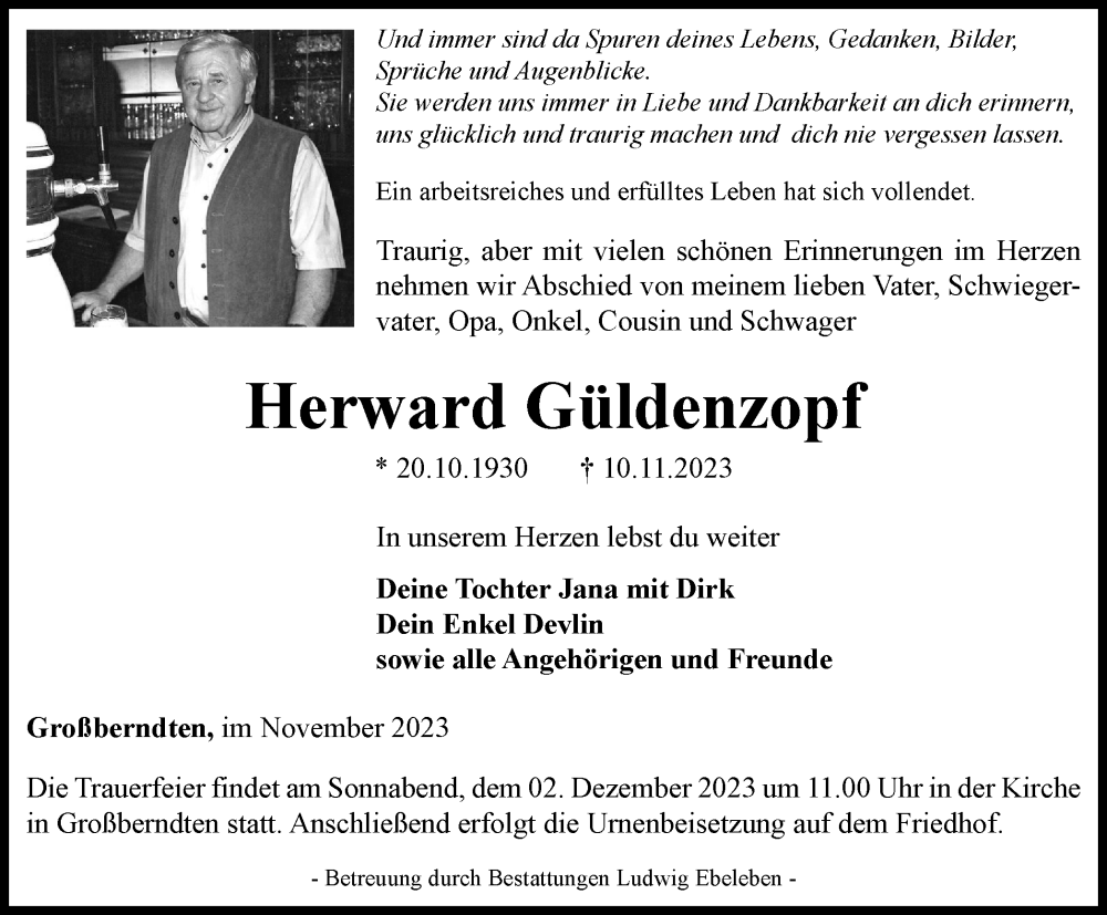 Traueranzeige für Herward Güldenzopf vom 25.11.2023 aus Thüringer Allgemeine