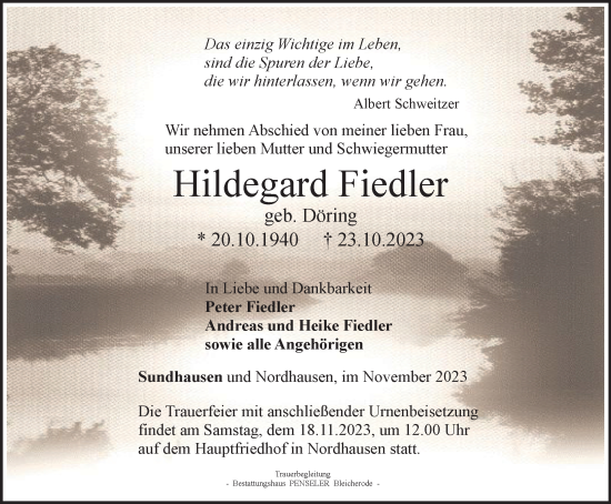 Traueranzeige von Hildegard Fiedler von Thüringer Allgemeine