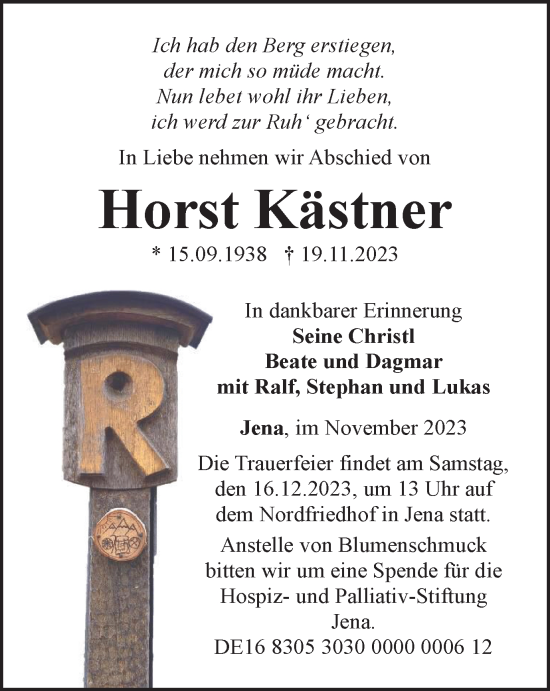 Traueranzeige von Horst Kästner von Ostthüringer Zeitung, Thüringische Landeszeitung