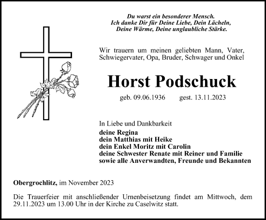 Traueranzeige von Horst Podschuck von Ostthüringer Zeitung