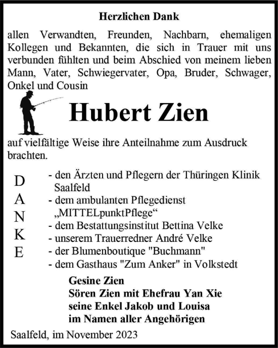 Traueranzeige von Hubert Zien von Ostthüringer Zeitung