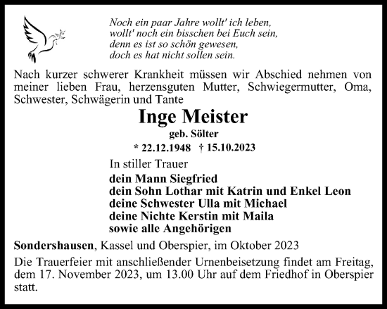 Traueranzeige von Inge Meister