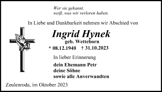 Traueranzeige von Ingrid Hynek von Ostthüringer Zeitung