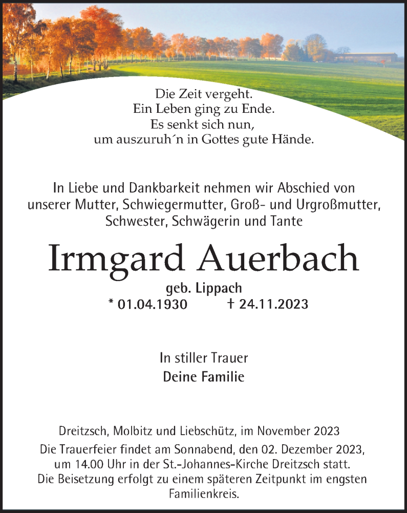  Traueranzeige für Irmgard Auerbach vom 30.11.2023 aus Ostthüringer Zeitung