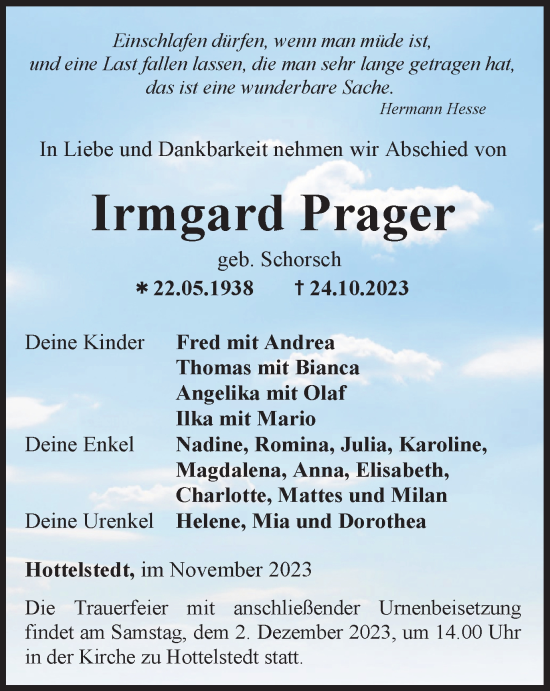 Traueranzeige von Irmgard Prager von Thüringer Allgemeine, Thüringische Landeszeitung