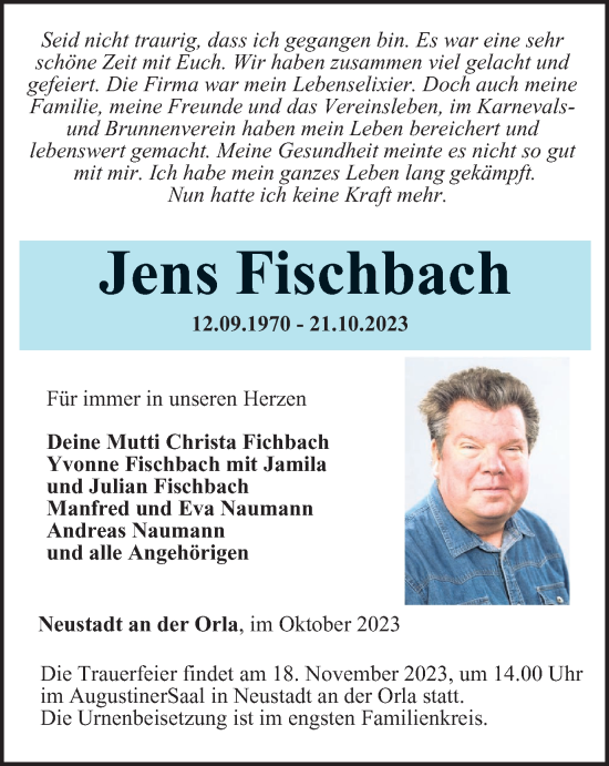 Traueranzeige von Jens Fischbach von Ostthüringer Zeitung