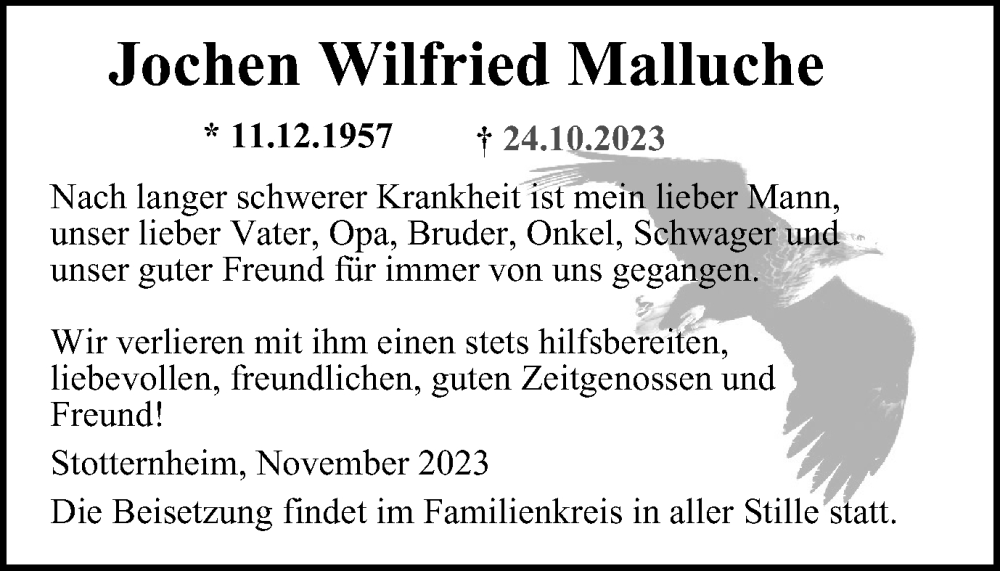  Traueranzeige für Jochen Wilfried Malluche vom 21.11.2023 aus Thüringer Allgemeine, Thüringische Landeszeitung