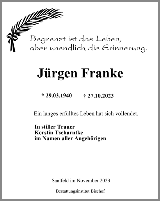 Traueranzeige von Jürgen Franke von Ostthüringer Zeitung