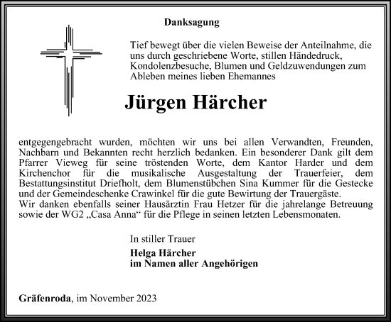 Traueranzeige von Jürgen Härcher von Thüringer Allgemeine