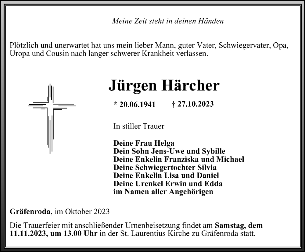  Traueranzeige für Jürgen Härcher vom 04.11.2023 aus Thüringer Allgemeine