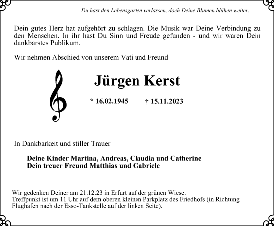 Traueranzeige von Jürgen Kerst von Thüringer Allgemeine, Thüringische Landeszeitung