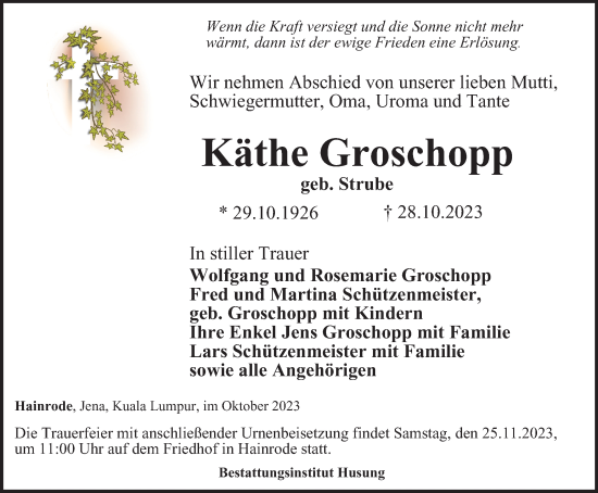 Traueranzeige von Käthe Groschopp von Thüringer Allgemeine