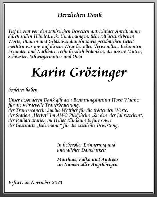Traueranzeige von Karin Grözinger von Thüringer Allgemeine, Thüringische Landeszeitung