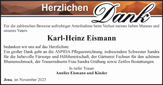 Traueranzeige von Karl-Heinz Eismann von Ostthüringer Zeitung, Thüringische Landeszeitung