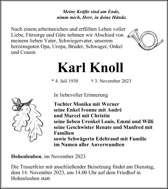 Traueranzeige von Karl Knoll von Ostthüringer Zeitung