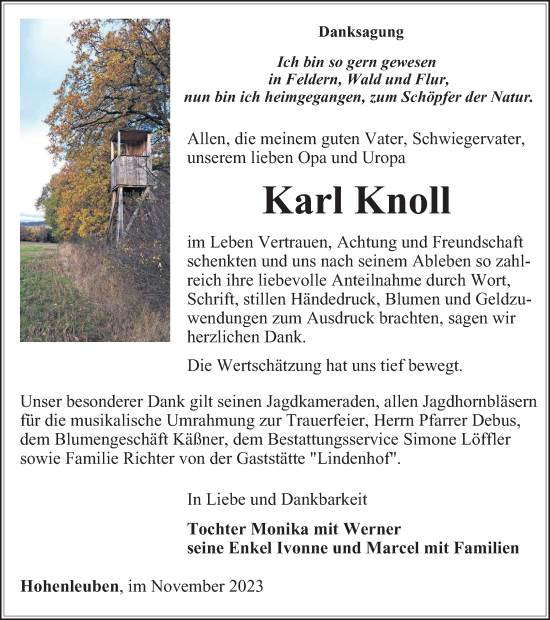 Traueranzeige von Karl Knoll von Ostthüringer Zeitung