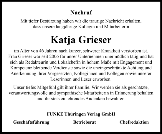 Traueranzeige von Katja Grieser von Ostthüringer Zeitung