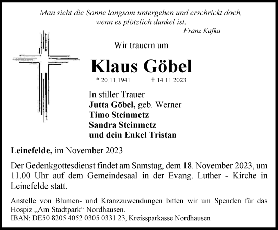 Traueranzeige von Klaus Göbel von Thüringer Allgemeine
