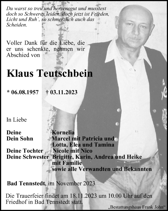 Traueranzeige von Klaus Teutschbein von Thüringer Allgemeine, Thüringische Landeszeitung