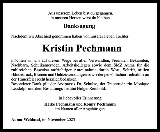 Traueranzeige von Kristin Pechmann von Ostthüringer Zeitung
