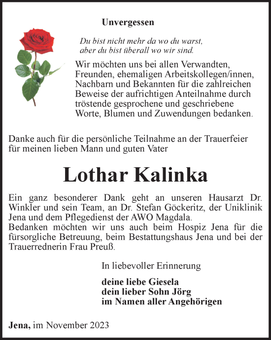 Traueranzeige von Lothar Kalinka von Ostthüringer Zeitung, Thüringische Landeszeitung