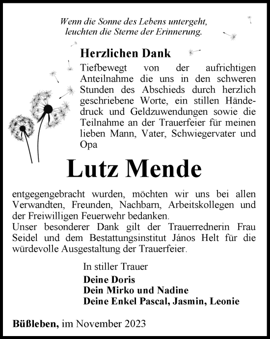 Traueranzeige von Lutz Mende von Thüringer Allgemeine, Thüringische Landeszeitung