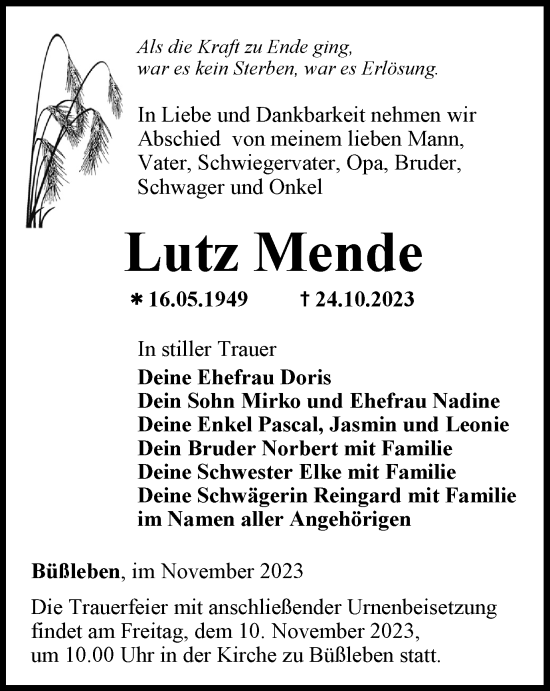 Traueranzeige von Lutz Mende von Thüringer Allgemeine, Thüringische Landeszeitung
