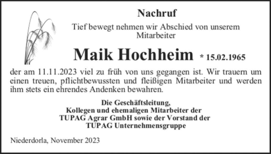 Traueranzeige von Maik Hochheim von Thüringer Allgemeine, Thüringische Landeszeitung
