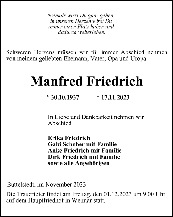 Traueranzeige von Manfred Friedrich von Thüringer Allgemeine, Thüringische Landeszeitung