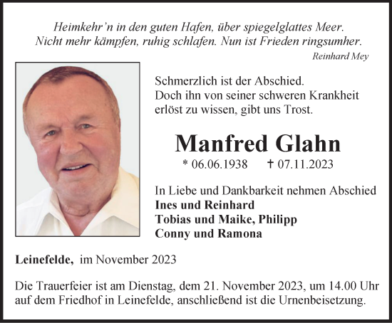 Traueranzeige von Manfred Glahn von Thüringer Allgemeine