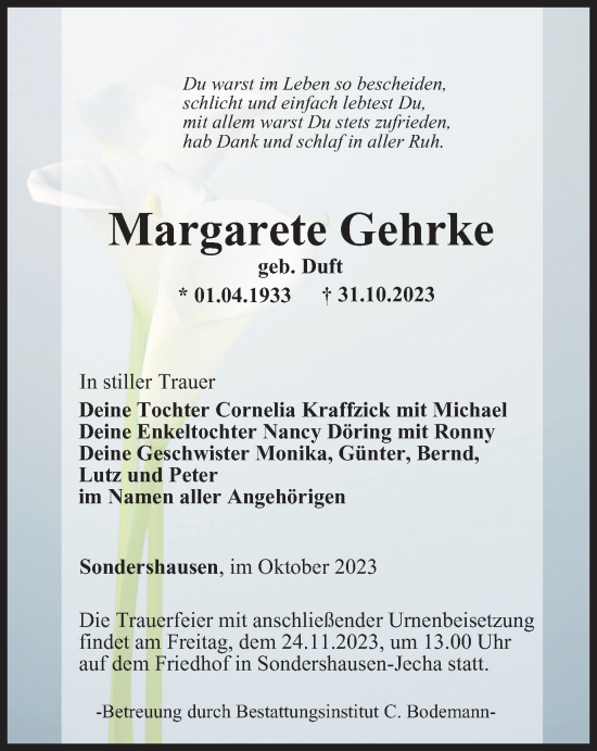 Traueranzeige von Margarete Gehrke