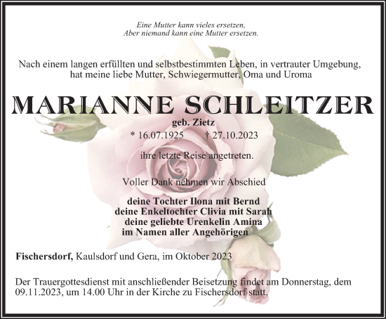 Traueranzeige von Marianne Schleitzer