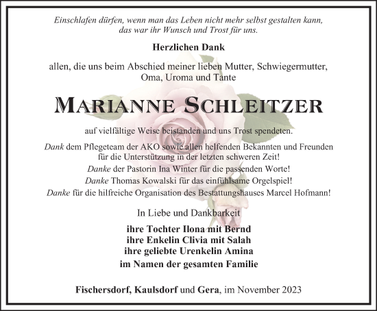 Traueranzeige von Marianne Schleitzer