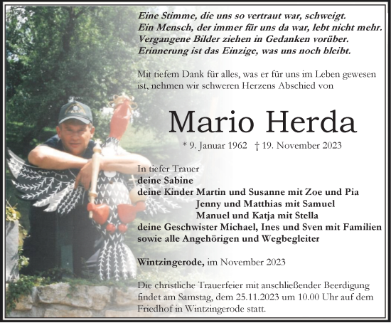 Traueranzeige von Mario Herda von Thüringer Allgemeine