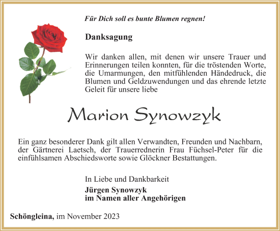 Traueranzeige von Marion Synowzyk von Ostthüringer Zeitung