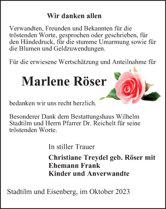 Traueranzeige von Marlene Röser von Thüringer Allgemeine