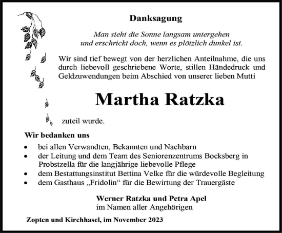 Traueranzeige von Martha Ratzka von Ostthüringer Zeitung