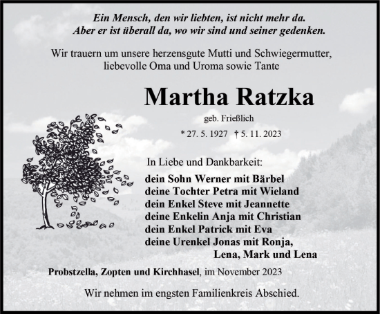 Traueranzeige von Martha Ratzka von Ostthüringer Zeitung