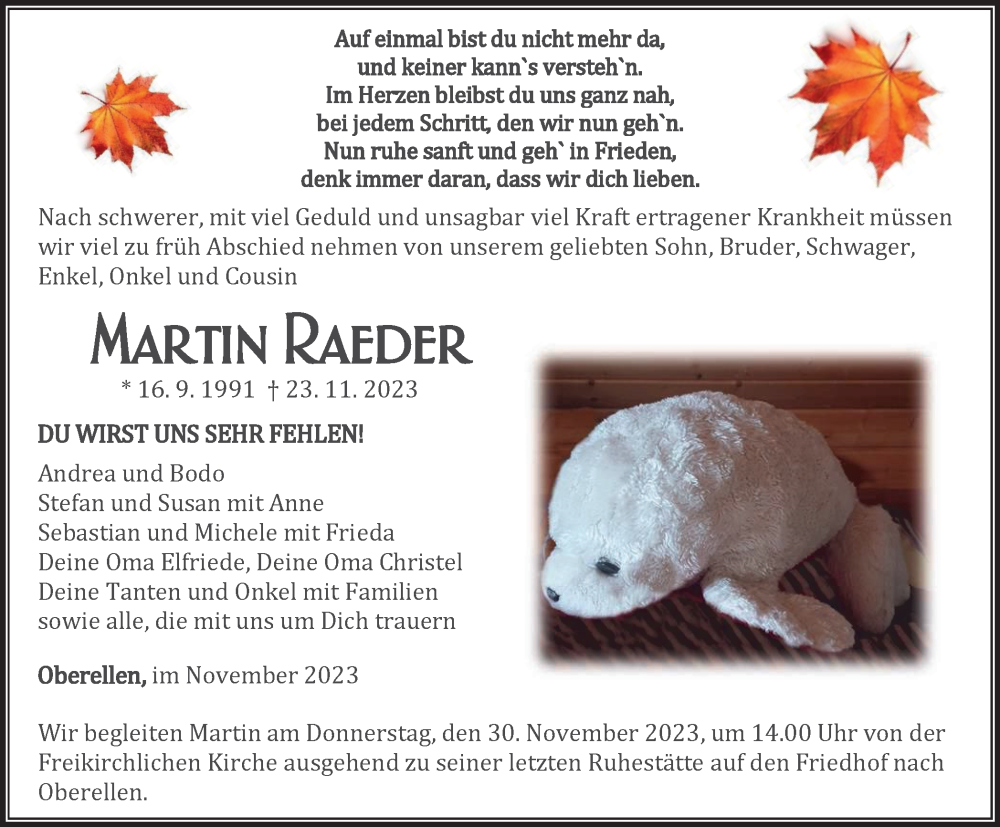  Traueranzeige für Martin Raeder vom 28.11.2023 aus Thüringer Allgemeine, Thüringische Landeszeitung