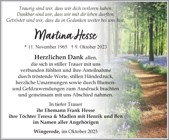 Traueranzeige von Martina Hesse von Thüringer Allgemeine