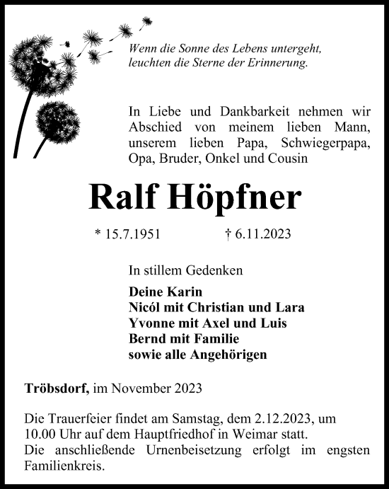 Traueranzeige von Ralf Höpfner von Thüringer Allgemeine, Thüringische Landeszeitung