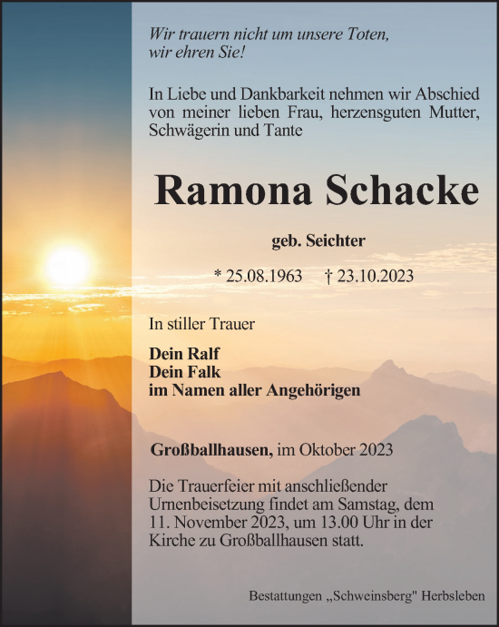 Traueranzeige von Ramona Schacke von Thüringer Allgemeine, Thüringische Landeszeitung