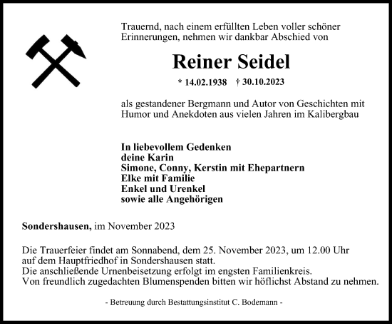 Traueranzeige von Reiner Seidel